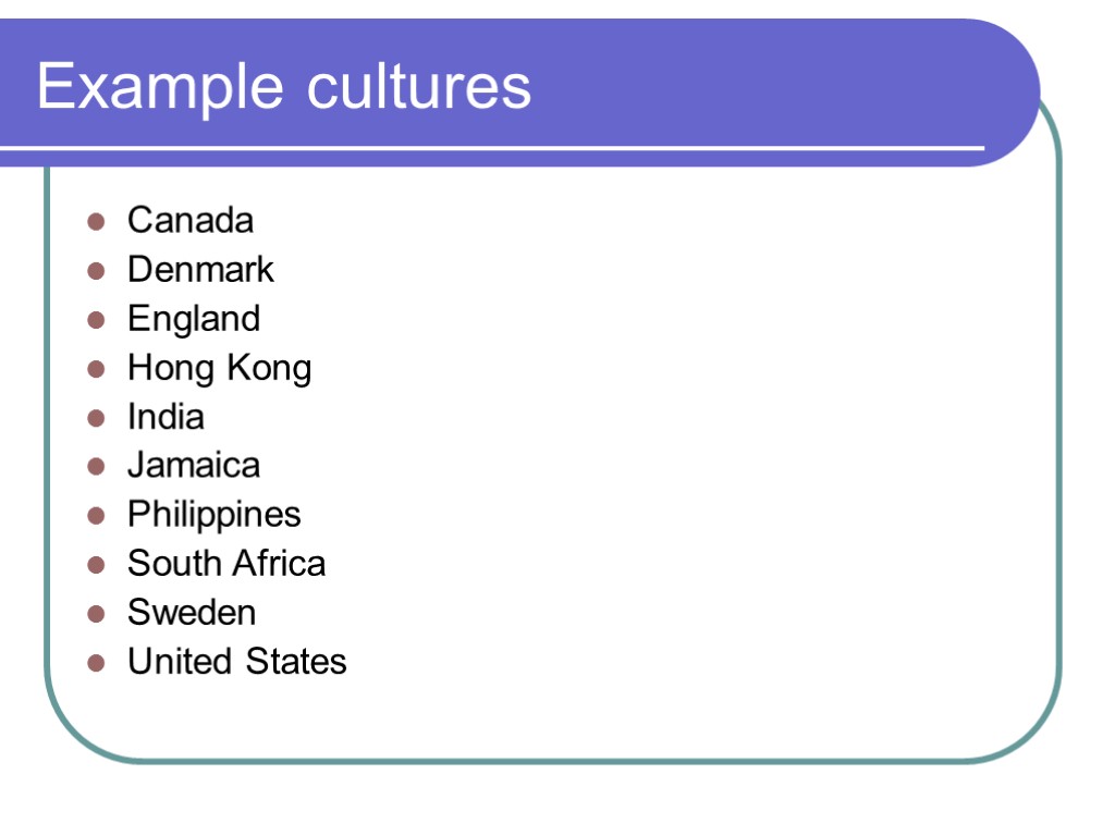 Example cultures Canada Denmark England Hong Kong India Jamaica Philippines South Africa Sweden United